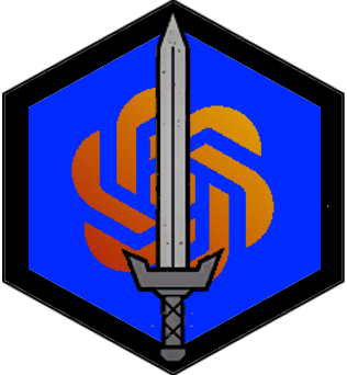 The Siri project logo. a blue hexagonal background with a black border. An orange pinwheel in the center with a upturned davion sword in the center foreground